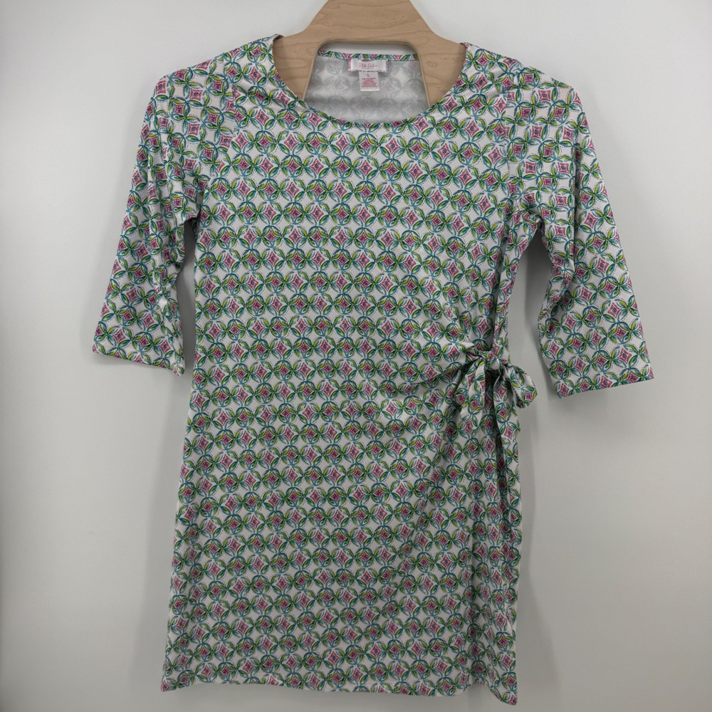 Stella Parker Collection Womens Large Pink Green Geometric Floral Side Tie Dress